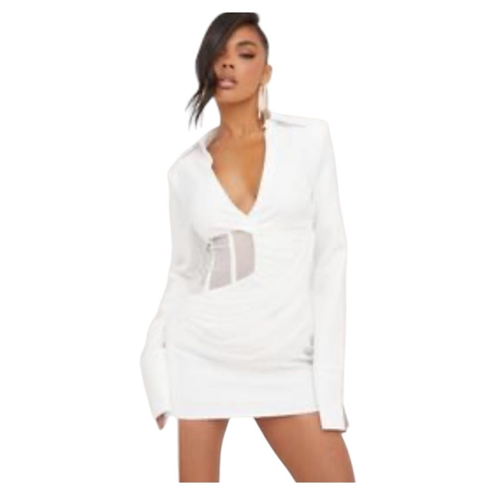 EGO .  White Asymmetrical Midi Dress with Notched Collar